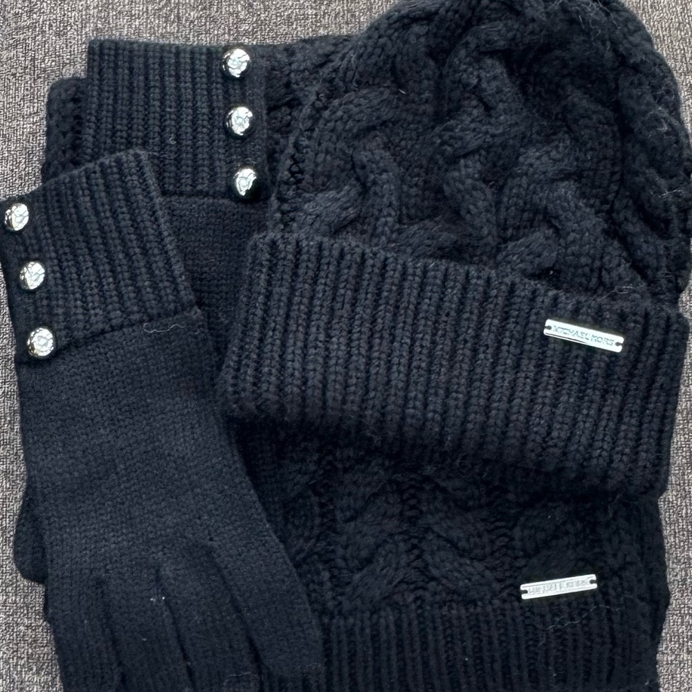 Michael Kors Black Knit Hat and Glove Set with Silver Accents
